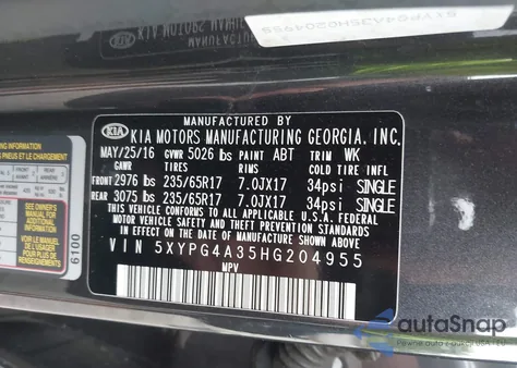 2017 Kia Sorento Lx/L from USA, damaged, VIN 5XYPG4A35HG204955